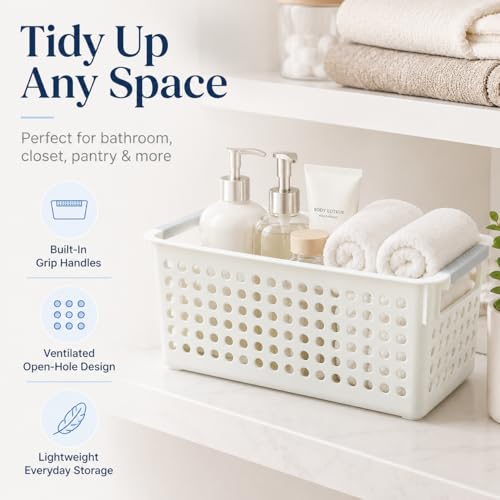Basicwise Set of 3 White Rectangular Plastic Storage Basket with Easy-Grip Handles Ventilated Organizer Bin for Bathroom Pantry Closet Laundry Kitchen Shelf Countertop & Home Organization Essentials - size: Set of 3