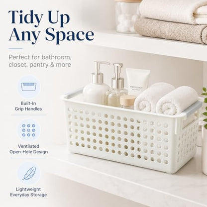 Basicwise Set of 3 White Rectangular Plastic Storage Basket with Easy-Grip Handles Ventilated Organizer Bin for Bathroom Pantry Closet Laundry Kitchen Shelf Countertop & Home Organization Essentials - size: Set of 3