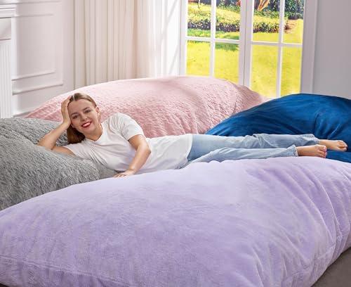 Hobestluk 3 in 1 Bean Bag Chair Giant Bean Bag Chairs for Adults with Plush Faux Fur Cover Convertible Bean Bag Floor Cushion with Machine Washable Cover for Living Room (Plush Purple) - color: Purple