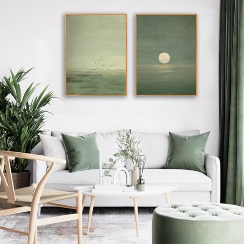 Japanese Sage Green Wall Art 2Pcs Minimalist Moon and Bird Canvas Posters Prints for Living Room Bedroom Office Zen Home Decoration 12X16in Unframed