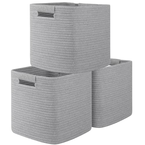 OIAHOMY Storage Cubes 11 Inch Bins-3-Pack, Cotton Rope Woven Baskets for Organizing, Square Storage Baskets for Shelves, Classroom, Kids Toy Bins, Closet, Baby Nursery-Grey - color: Grey