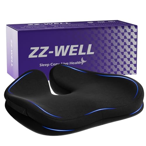 ZZ-WELL Seat Cushions for Office Chairs, Car Seat - Patented Coccyx Cushion for Tailbone Pain - Memory Foam Butt Cushion for Pressure Relief - Carry Handle & Non Slip Bottom (Black) - color: Black, size: Large