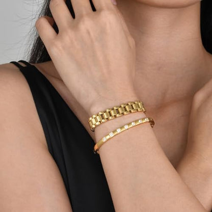MPRAINBOW 2pcs 18K Gold Plated Chain Link Bracelet, Stainless Steel Crystal Friendship Bracelets Bangle,Watch Band Chains Wristband Jewelry with Adjust Tool - color: Gold Set - H