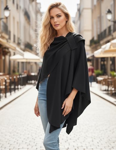 Womens Open Front Poncho Sweater Wrap Topper Knitted Elegant Shawls Cape for Spring Fall Winter - color: Series 1-black