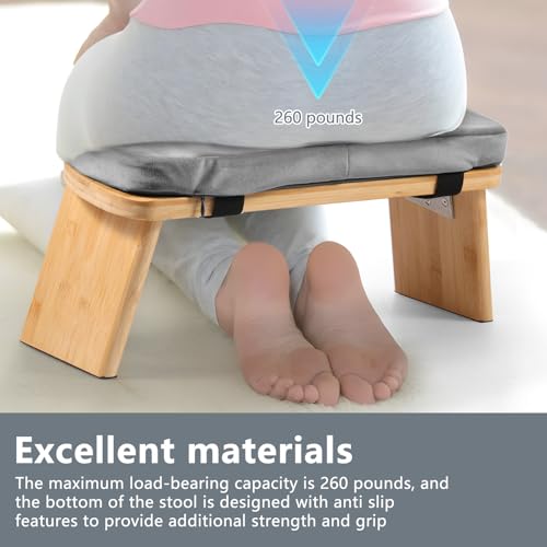 Prayer Bench, Foldable Bamboo Yoga Bench with Cushion and Carry Bag Ergonomic Kneeling Stool for Indoor Outdoor Sitting Thinking(Grey) - color: Grey