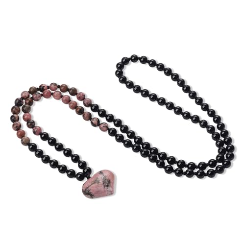 COAI Handmade 108 Mala Beaded Necklace for Women, Heart Pendant Necklace for Women - style: Onyx & Rhodonite