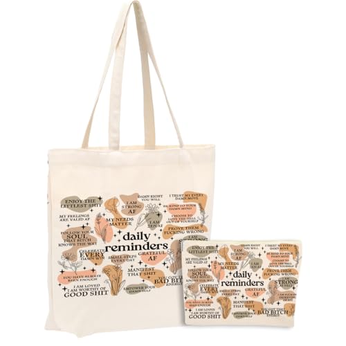 Daily Reminders for Women 2PCS Makeup Cosmetic Bag Canvas Tote Bag for Beach Shopping Work Office Self Love Gifts Inspirational Mental Health Gifts for Female Friend Colleagues Birthday Christmas - color: Daily Reminders 0908