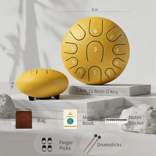 Rain Drum for Outside Garden,Steel Tongue Drum 6 Inche 11 Note Steel Drums Rain Chime,with Soft Bag,Music Book (Yellow, 6 Inch 11 Note) - color: Yellow, size: 6 Inch 11 Note