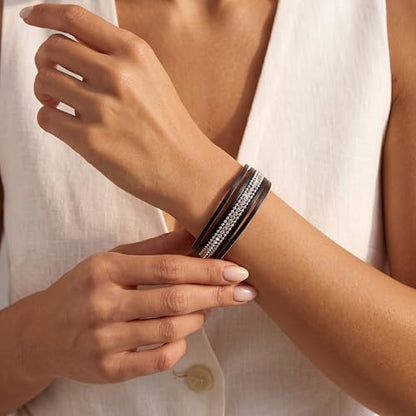Edoneery Leather Wrap Bracelet for Women, Boho Handmade Multi-Layer Cuff with Crystal Beads Heart, Stackable Bangle Western Jewelry Gift - style: Rhinestone(Black)