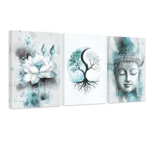 CCWACPP Blue Bathroom Wall Art 3 Piece Set Zen Decor Buddha Lotus Pictures Yin Yang Tree Art Spa Canvas Prints for Spiritual Meditation Yoga Room Home Decor Framed (20"x28"x3) - color: Blue, size: 20"x28"x3