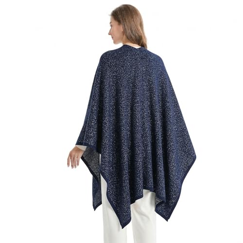 ZLYC Women's Shawl Golden Trim Knit Blanket Wrap Fringe Poncho Coat Cardigan - color: Solid Navy