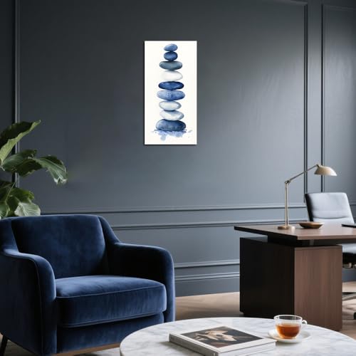 ZQQART Zen Stone Canvas Wall Art Blue and White Zen Stone Paintings Bathroom Pictures Relaxing Spa Meditation Room Spiritual Artwork for Living Room Framed (16W x 32L) - size: 16W" x 32L"