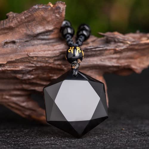 Black Obsidian Necklace Protection Pendant with Extended Bead Chain Healing Crystal Stone Amulet Necklace for Men Women - color: Hexagram