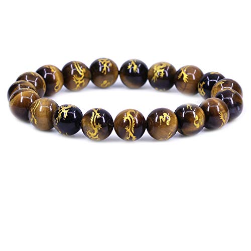 Amandastone Natural Gemstone 10mm Round Beads Stretch Bracelet 7 Inch - color: Coated Golden Dragon Golden Tiger Eye