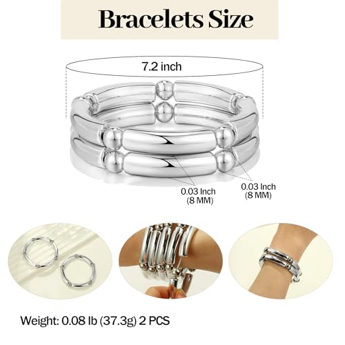 Gold Chunky Bangles Bracelets For Women 14k Gold Plated Stack Layered Curved Bamboo Tube Stretch Bracelets Gift Jewelry - color: 2pcs Silver-8mm