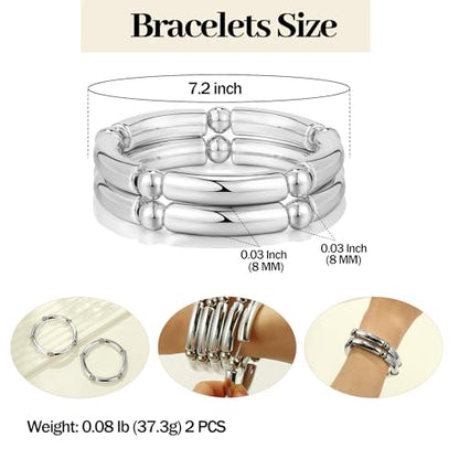 Gold Chunky Bangles Bracelets For Women 14k Gold Plated Stack Layered Curved Bamboo Tube Stretch Bracelets Gift Jewelry - color: 2pcs Silver-8mm