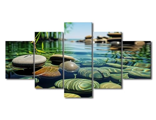 TUMOVO Wall Decor Zen Elements Pictures Paintings Rocks and A Tranquil Pond Wall Art for Living Room Zen Artwork 5 Pieces Prints on Canvas House Decor Giclee Framed Ready to Hang, 60" Wx32 H - color: Artwork-04, size: 60"Wx32"H