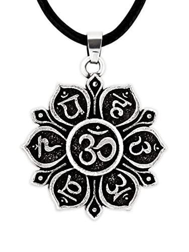 HAQUIL Mandala Flower of Life Necklace, Buddhist Lotus Flower Om Mandala Pendant, Faux Leather Cord - color: Mantra Lotus Flower