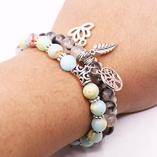 Tree of Life Yoga Healing Stone Bracelets,Multilayer Lotus Chakra Stone Reiki Bracelet Sets,Anxiety Crystal Natural Stone,for Women Stress Relief - style: Light cyan + Dragon pattern Stone