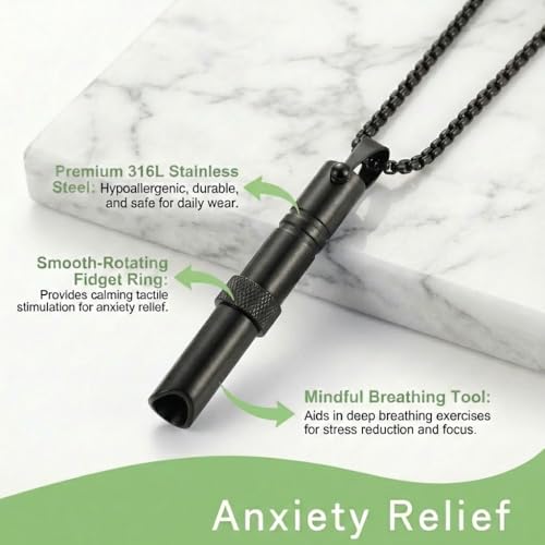 Breathing Easy Necklace, Mindfulness Breathing Stainless Steel Pendant for Stress Relief, Anxiety Management & Smoking Cessation Aid, Intricate Engraving for Men Women - color: Rotating Fidget Ring-Black