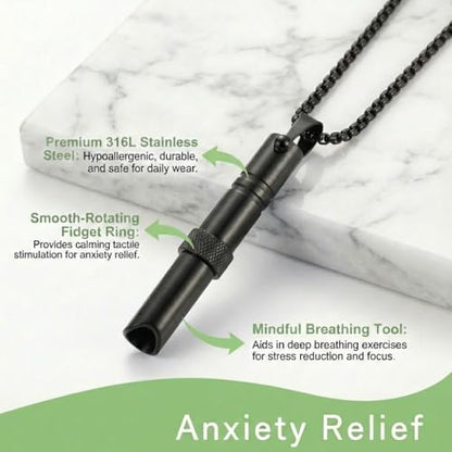 Breathing Easy Necklace, Mindfulness Breathing Stainless Steel Pendant for Stress Relief, Anxiety Management & Smoking Cessation Aid, Intricate Engraving for Men Women - color: Rotating Fidget Ring-Black
