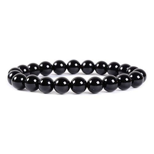 Justinstones Gem Semi Precious Gemstone 8mm Round Beads Stretch Bracelet 7 Inch Unisex - color: Black Agate