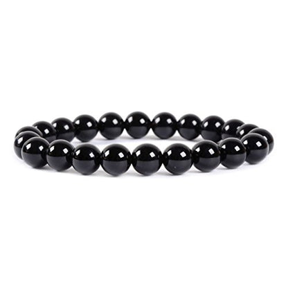 Justinstones Gem Semi Precious Gemstone 8mm Round Beads Stretch Bracelet 7 Inch Unisex - color: Black Agate