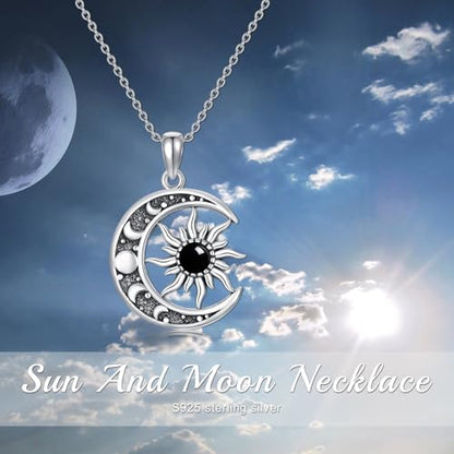 Sun and Moon Necklace 925 Sterling Silver Sun Moon Pendant Gemstone Jewelry Gifts for Women - style: Black Onyx