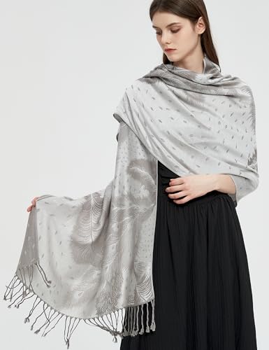 Pashmina Shawl Wrap with Ethnic Paisley Two Tone Jacquard Scarf for Women - color: Feather-grey