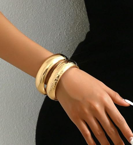 Chunky Gold Bangle Bracelets for Women, Dainty 14k Gold Plated Big Stackable Bangles Set, Trendy Statement Cuff Bracelet Stack Fashion Jewelry Gifts - style: 2 Chunky bangles