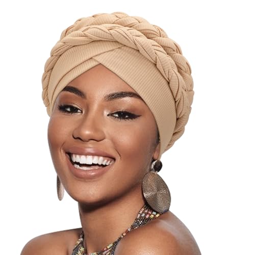 DRESHOW African Turban for Women Knotted Hairwraps for Sleeping Turban Headwraps Head Warmer Scarf for Black Women Chemo Cap - color: 1 Pack With Two Twisted Braids: Camel
