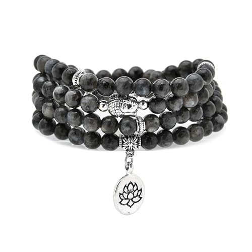 6mm 108 Mala Beads Bracelet, Yoga Zen Necklace with Buddha and Lotus Charm for Prayer - style: Labradorite