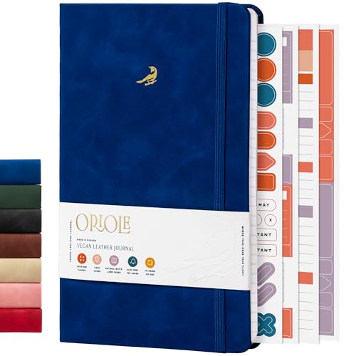Oriole Vegan Leather Ruled Notebook - Deep Blue | 176 Pages of Thick Lined Paper | Soft Touch Hardcover Journal (5 x 8 in) with Gold Foil Bird Design & Luxury Gift Box - color: Deep Blue