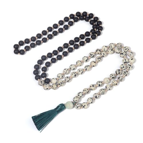 8MM Beads Chakra Long Mala Necklace Natural Stone Meditation Statement Necklace Japa Yoga Buddhist Rosary Prayer Charm Beaded Tassel Necklace - color: Spotted stone+Black Agate
