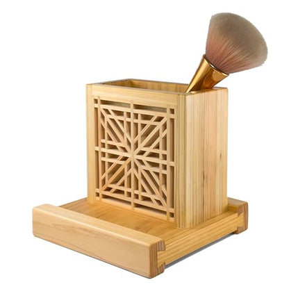 Handmade Hinoki Wood Desk Decor, Japanese Zen Wooden Pen Holder, Handcrafted Office Art, Kumiko Art (White) - color: White