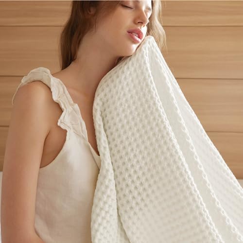 Bedsure 100% Cotton Throw Blanket for Spring Summer, Ultra Soft Waffle Weave Ivory Blanket for Couch Sofa Chair, Thin Lightweight Breathable Bedding Gifts for Women, Men, Teens, 50"x70" - color: Ivory, size: Throw Xl (50" X 70")