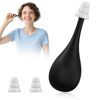 Ear Pressure Relief Suction Device for Migraine & Tinnitus Relief, Reusable Ear Pressure Relief Tool for Ringing Ears, Clogged Ears & Airplane Travel Discomfort, Includes 3 Sizes Earplugs, Black
