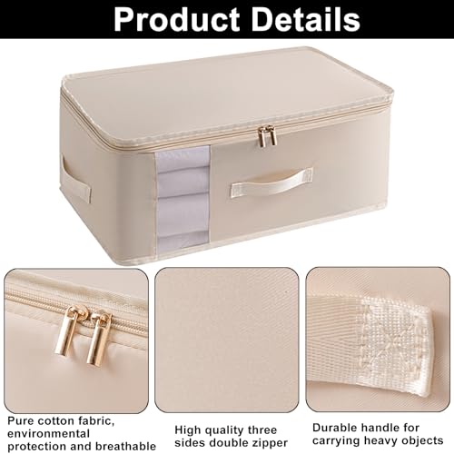 3 Pack Large Canvas Storage Bags, Zipper Closet Organizers Thick Handles Clear Window, Foldable Cotton Linen Containers for Clothes Sweater/Bedding（Oatmeal） - color: Oatmeal
