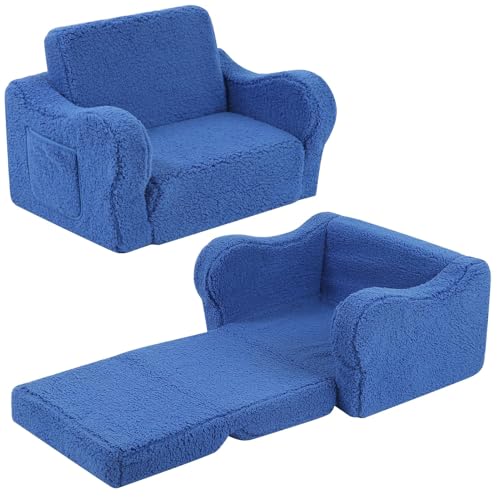 MOMCAYWEX Kids Sofa, 2-in-1 Flip-Out Foam Couch with Soft Sherpa Cover, Cozy Play Lounge Chair, Sky Blue - color: Sky Blue, size: Medium