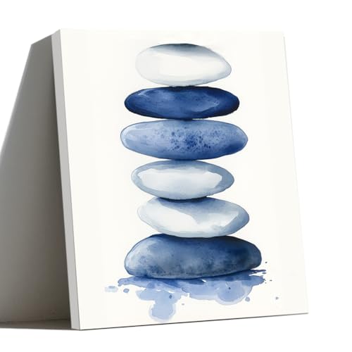ZQQART Zen Stone Canvas Wall Art Blue and White Zen Stone Paintings Bathroom Pictures Relaxing Spa Meditation Room Spiritual Artwork for Living Room Framed (16W x 20L) - size: 16W" x 20L"