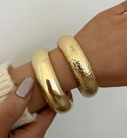 Chunky Gold Bangle Bracelets for Women, Dainty 14k Gold Plated Big Stackable Bangles Set, Trendy Statement Cuff Bracelet Stack Fashion Jewelry Gifts - style: 2 Chunky bangles