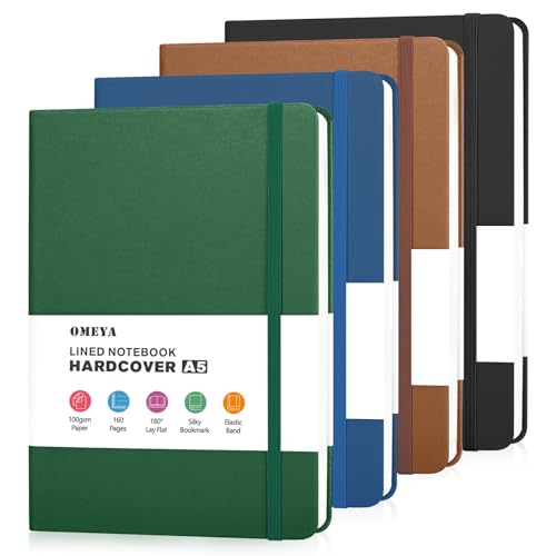 OMEYA 4 Pack Lined Journal Notebooks for Work, 100gsm Thick Paper, 5.7"x 8.3", College Ruled A5 Notebook Bulk, Leather Journal for Writing, Hardcover Notebooks for School, Office, Journal for Men - color: 4 Pack Multicolor-2
