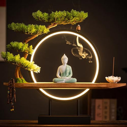 Zen Shakyamuni Buddha Statue with LED Light Ring, Bonsai Tree Decorative Buddha Figurine Set with Sturdy Metal Frame, USB-Powered Meditating Home Decor(Green)