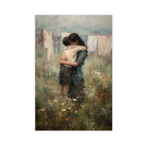 UZWGG 1pcs (Unframed，Canvas Only) Rural Laundry Day Theme Wall Art Poster Son Embracing Mom Canvas Printed Picture of Countryside Oil Painting Wall Decor for Bedroom Living Room 12x18inch(30x45cm) - color: field-Frameless（Canvas Roll）, size: 18"L x 12"W