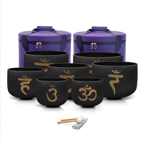 7-12 inch 432HZ Gold Powder Printing Black Chakra Crystal Singing Bowls Set of 7 Meditation Bowl Frosted Healing Quartz Bowls with 2 Travel Carry Case Bag 2 Mallet Suede 2 Strikers 7 O-rings