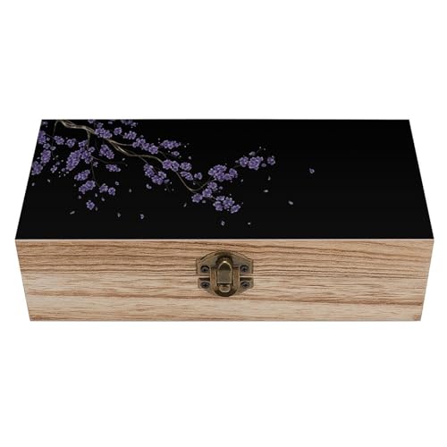 Purple Cherry Blossom Vintage Wooden Storage Box with Hinged Lid – Rustic Natural Wood Keepsake Box for Jewelry, Trinkets, And Photos – Decorative Small Chest Organizer (7.9" X 3.9" X 2.3") - color: black-4