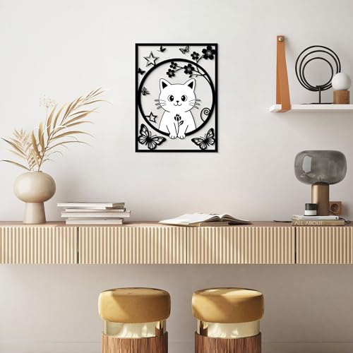 GlintHome Large Metal Wall Art - Cat Decor Flower and Butterflies Wall Sculptures for Bathroom Bedroom Living Room Kitchen Office Garden Home Wall Decoration - color: Black-1, size: Large