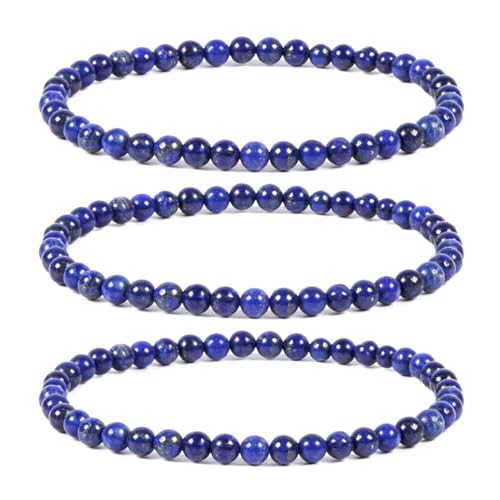 Justinstones Gem Semi Precious Gemstone 3pcs 4mm Round Beads Stretch Bracelet 6.5 Inch Unisex - color: Lapis