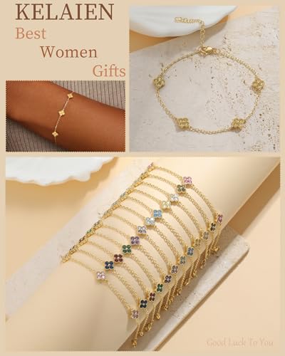 Birthstone Gold Clover Bracelet Dainty 14K Gold Plated Cute Friendship Stackable Bracelets for Women No Tarnish Trendy Charm Best Friend Bracelet Stack for Birthday Jewelry - color: 11. November(Citrine)