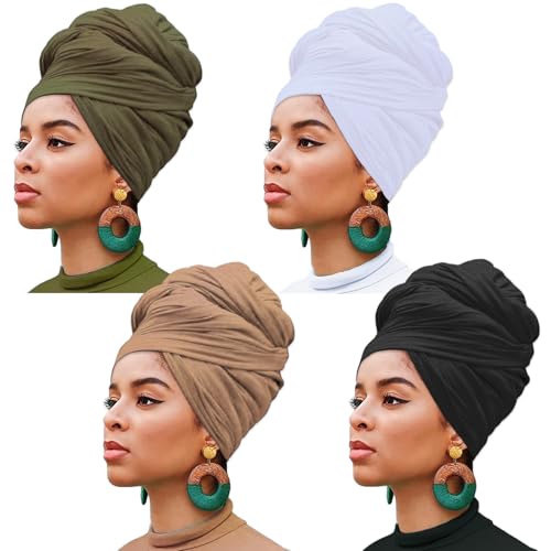 XTREND 4 Pieces Head Wrap Stretch Jersey Turban Bohemian Style Headwraps Solid Color Long Hair Scarf Soft Breathable Knit Turban for Women (Black, White, Army Green, Camel) - color: Black, White, Army Green, Camel